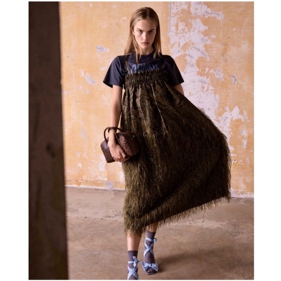 GANNI Faux Feather Embellished Jacquard Midi Dress Kalamata Green - Picture 5 of 9